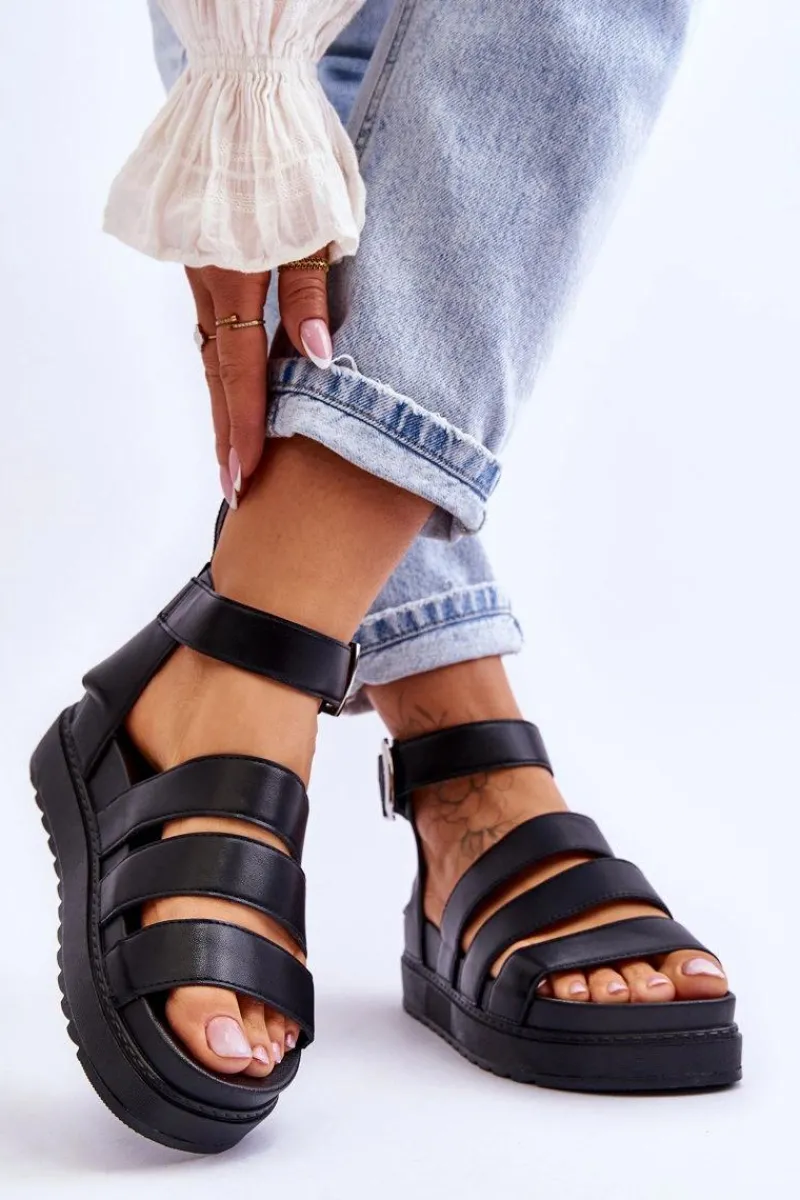 Sandały Płaskie>Boto Sandałki Na Masywnej Platformie Czarne Lisbona