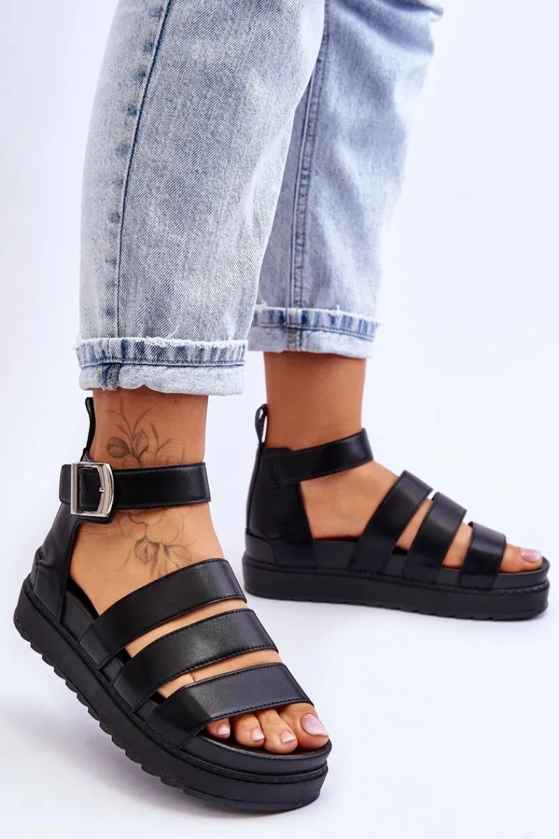 Sandały Płaskie>Boto Sandałki Na Masywnej Platformie Czarne Lisbona