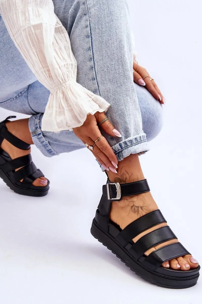 Sandały Płaskie>Boto Sandałki Na Masywnej Platformie Czarne Lisbona