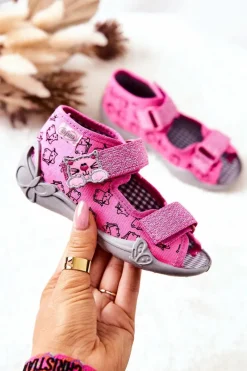 Hot Sandałki Papcie Na Rzep Kotki 242P103 Różowe Dzieci Dziewczęce|Dziewczęce