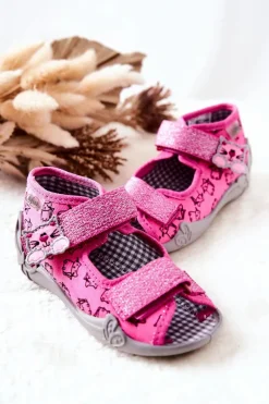 Hot Sandałki Papcie Na Rzep Kotki 242P103 Różowe Dzieci Dziewczęce|Dziewczęce