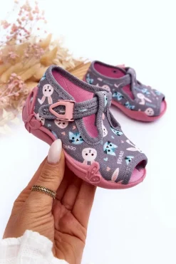 New Sandałki Papcie Króliczki 213P139 Szaro-Różowe Dzieci Dziewczęce