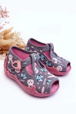 New Sandałki Papcie Króliczki 213P139 Szaro-Różowe Dzieci Dziewczęce