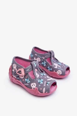 New Sandałki Papcie Króliczki 213P139 Szaro-Różowe Dzieci Dziewczęce