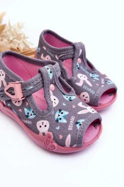 New Sandałki Papcie Króliczki 213P139 Szaro-Różowe Dzieci Dziewczęce