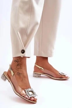 Sandały Na Obcasie>Damskie buty S.Barski Sandałki Transparentne z Ozdobami Złote S.Barski MR1037-05