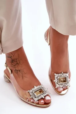 Sandały Na Obcasie>Damskie buty S.Barski Sandałki Transparentne z Ozdobami Złote S.Barski MR1037-05