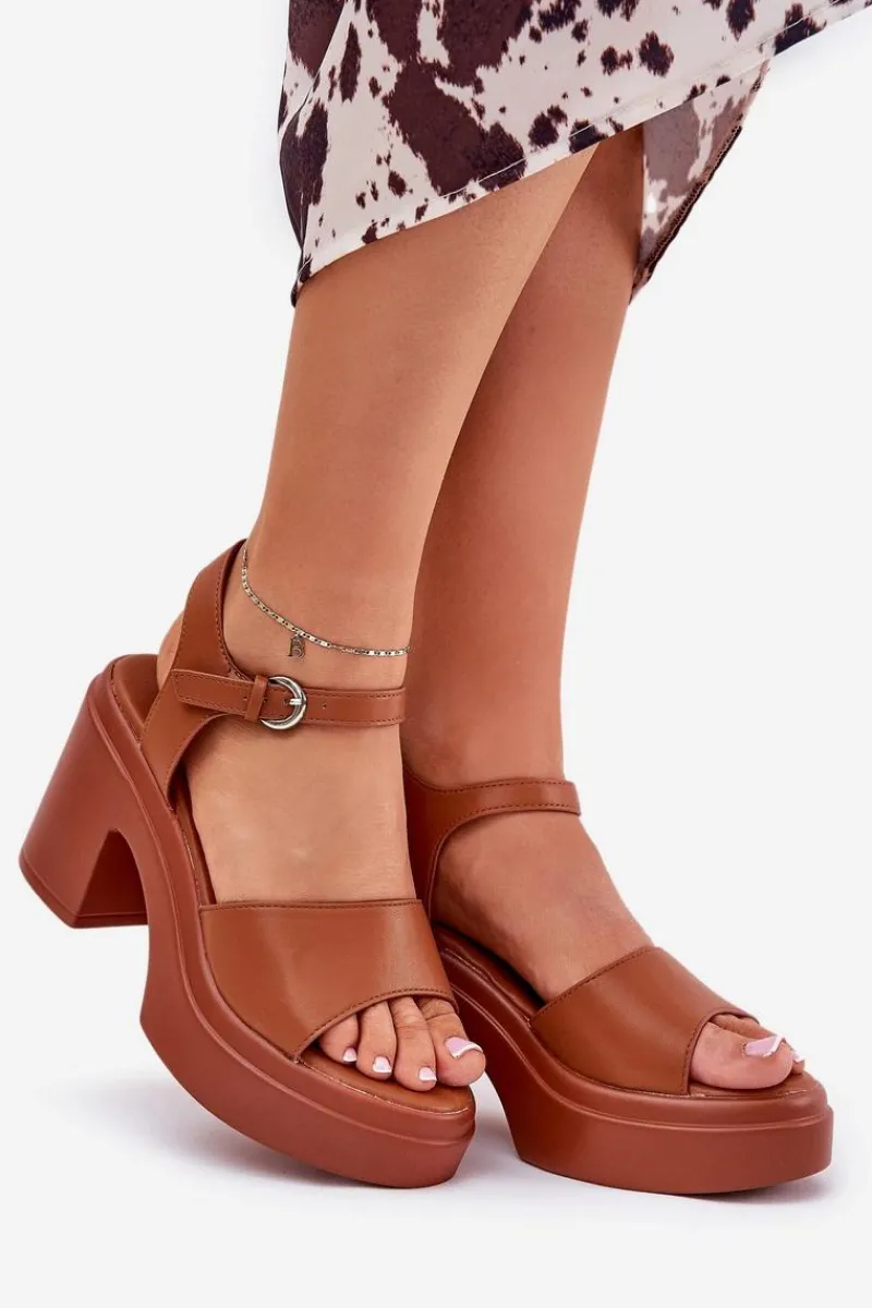 Sandały Na Słupku|Sandały Na Obcasie>Boto Sandały Damskie Na Masywnym Słupku I Platformie Z Eko Skóry Camel Korlevia Brązowy