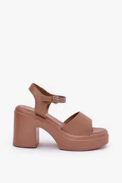 Clearance Sandały Damskie Na Masywnym Słupku I Platformie Z Eko Skóry Ciemnobeżowe Korlevia Damskie Sandały Na Słupku|Sandały Na Obcasie