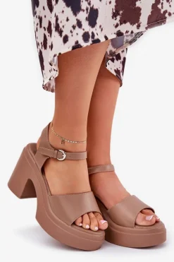 Clearance Sandały Damskie Na Masywnym Słupku I Platformie Z Eko Skóry Ciemnobeżowe Korlevia Damskie Sandały Na Słupku|Sandały Na Obcasie