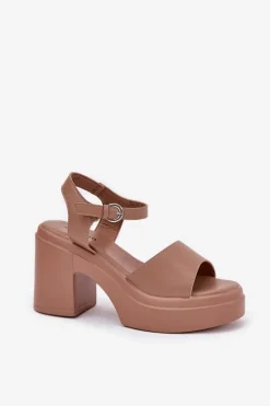 Clearance Sandały Damskie Na Masywnym Słupku I Platformie Z Eko Skóry Ciemnobeżowe Korlevia Damskie Sandały Na Słupku|Sandały Na Obcasie