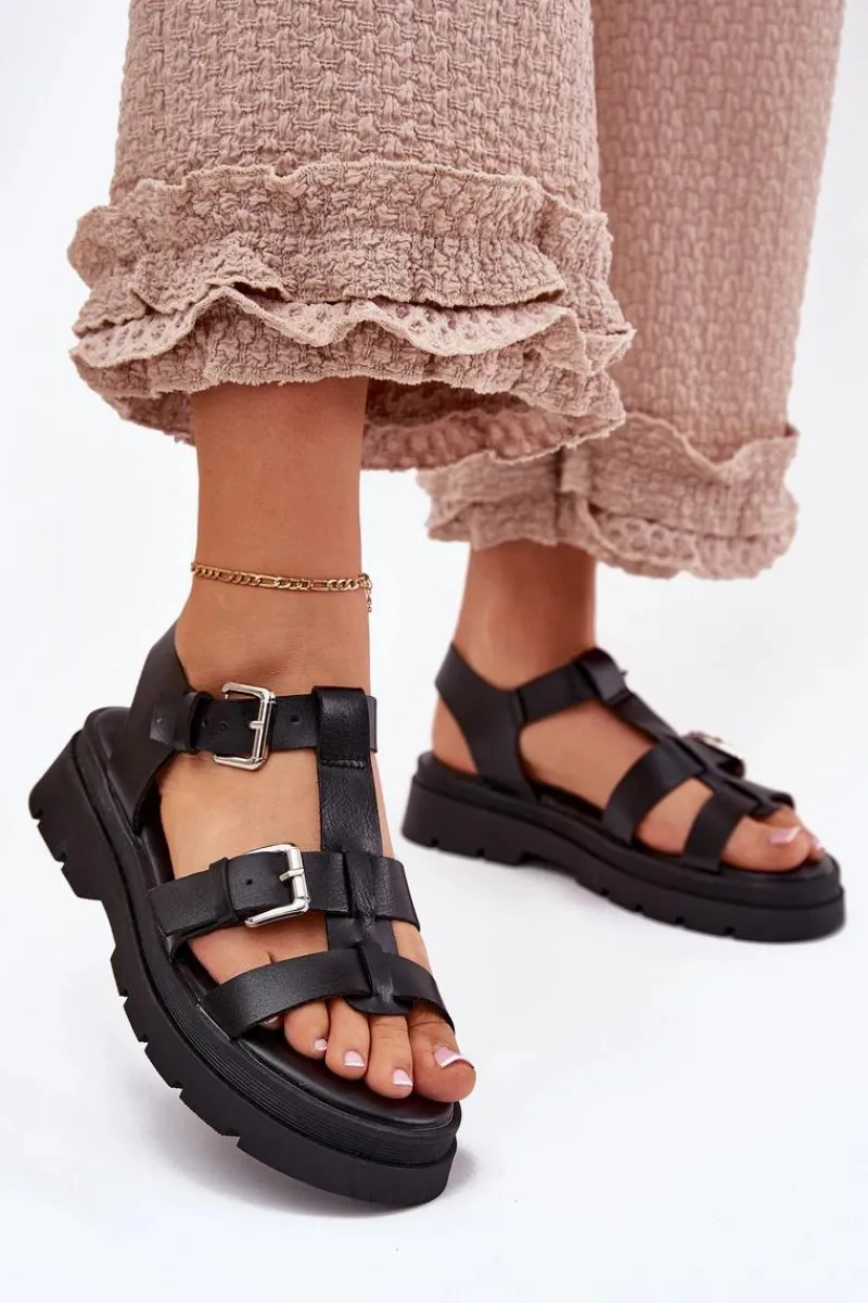 Sandały Płaskie>Boto Sandały Damskie Eko Skórzane Z Klamrami Czarne Jeneliena Czarny