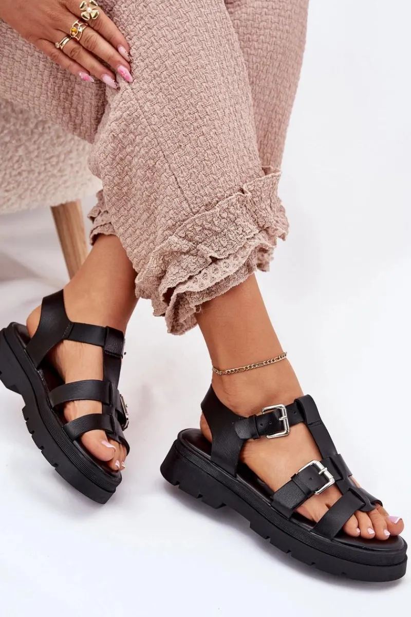 Sandały Płaskie>Boto Sandały Damskie Eko Skórzane Z Klamrami Czarne Jeneliena Czarny