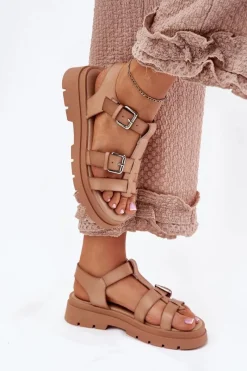 Hot Sandały Damskie Eko Skórzane Z Klamrami Khaki Jeneliena Damskie Sandały Płaskie
