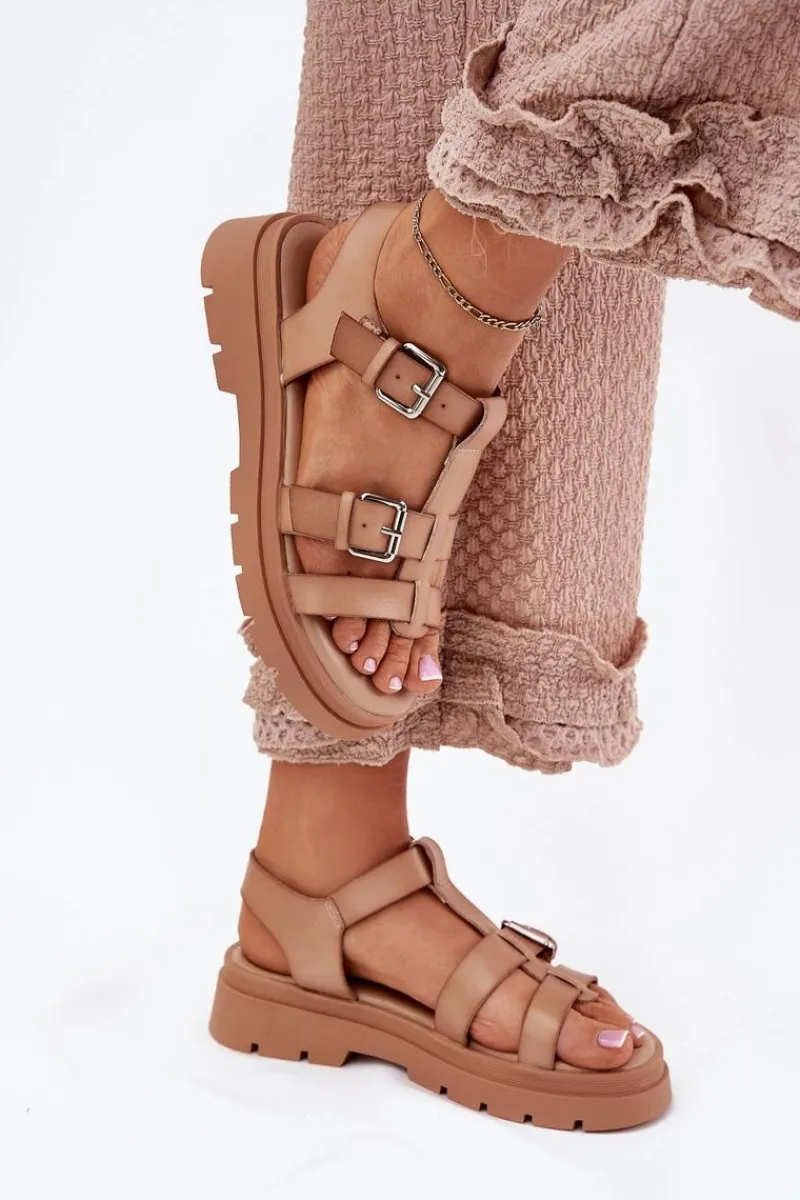 Hot Sandały Damskie Eko Skórzane Z Klamrami Khaki Jeneliena Damskie Sandały Płaskie