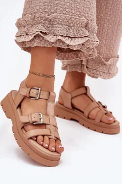 Hot Sandały Damskie Eko Skórzane Z Klamrami Khaki Jeneliena Damskie Sandały Płaskie