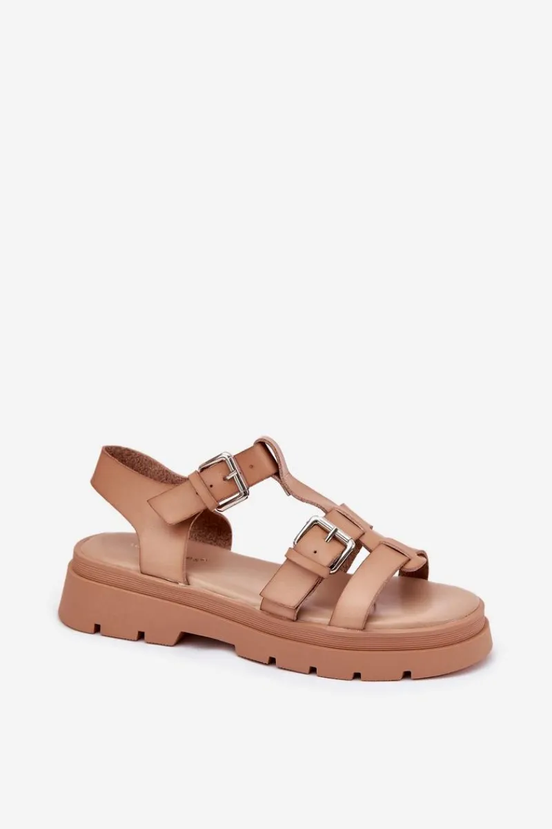 Hot Sandały Damskie Eko Skórzane Z Klamrami Khaki Jeneliena Damskie Sandały Płaskie