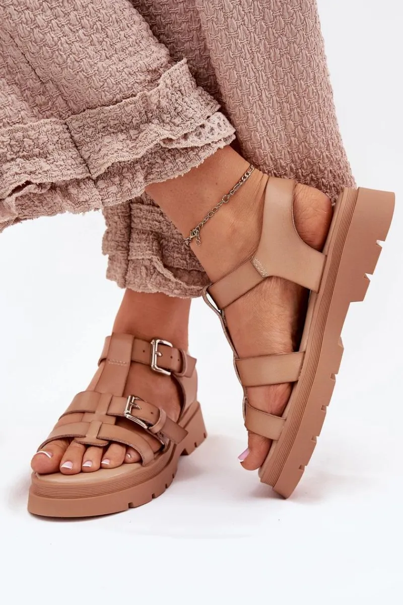 Hot Sandały Damskie Eko Skórzane Z Klamrami Khaki Jeneliena Damskie Sandały Płaskie