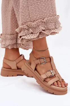 Hot Sandały Damskie Eko Skórzane Z Klamrami Khaki Jeneliena Damskie Sandały Płaskie