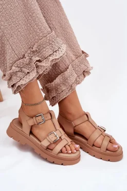 Hot Sandały Damskie Eko Skórzane Z Klamrami Khaki Jeneliena Damskie Sandały Płaskie