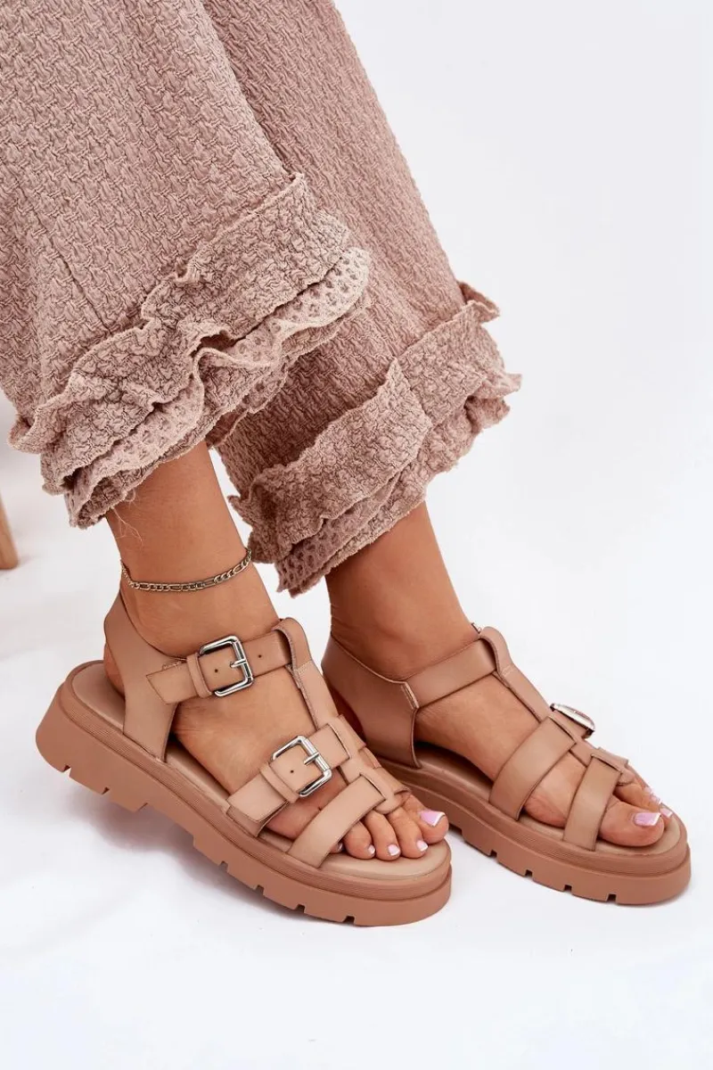 Hot Sandały Damskie Eko Skórzane Z Klamrami Khaki Jeneliena Damskie Sandały Płaskie