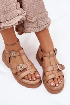 Hot Sandały Damskie Eko Skórzane Z Klamrami Khaki Jeneliena Damskie Sandały Płaskie