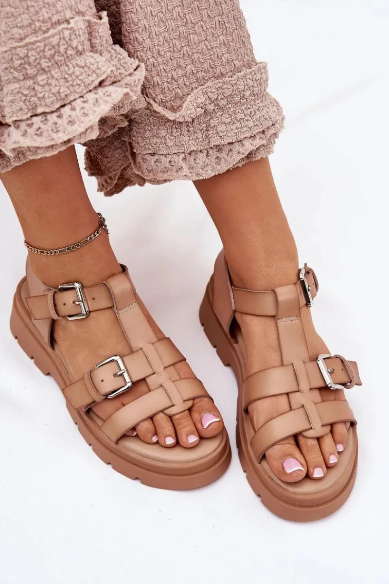 Hot Sandały Damskie Eko Skórzane Z Klamrami Khaki Jeneliena Damskie Sandały Płaskie