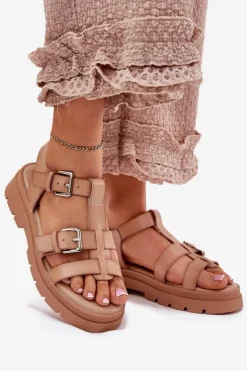 Hot Sandały Damskie Eko Skórzane Z Klamrami Khaki Jeneliena Damskie Sandały Płaskie