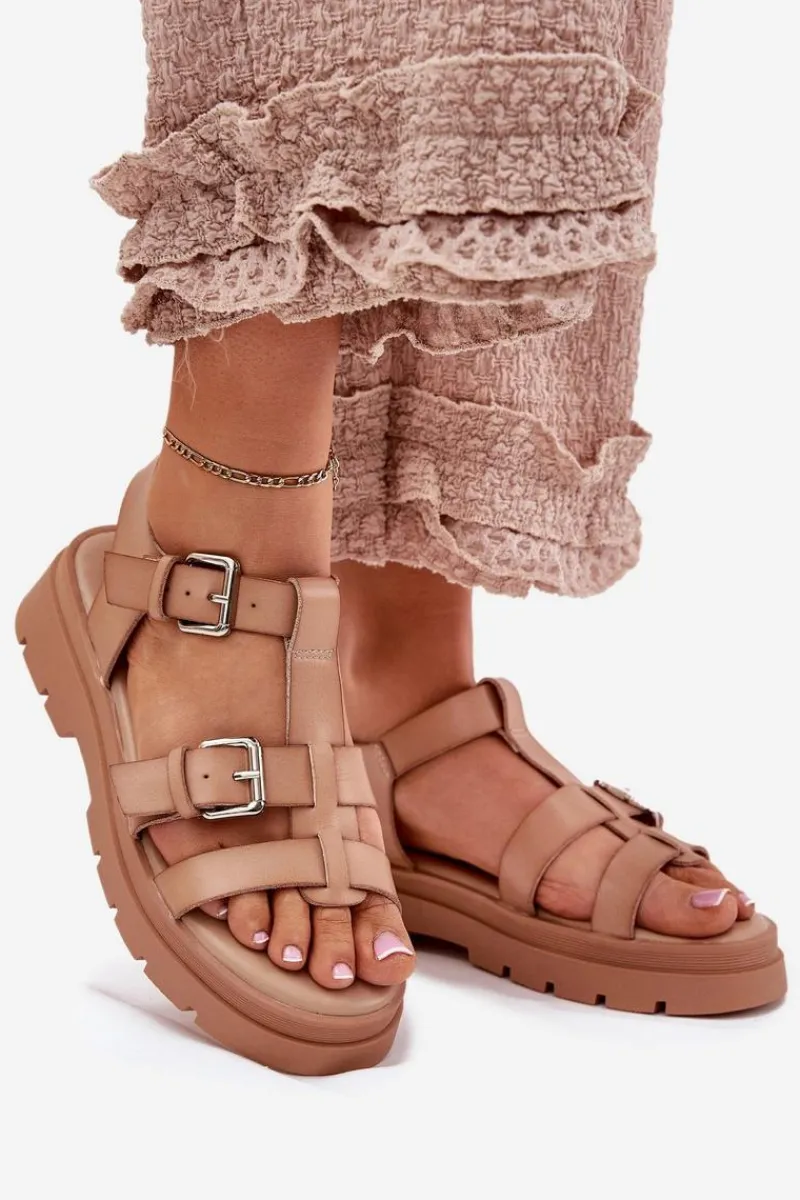 Hot Sandały Damskie Eko Skórzane Z Klamrami Khaki Jeneliena Damskie Sandały Płaskie