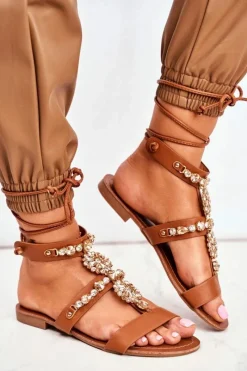 Hot Sandały Damskie Gladiatorki Z Kryształkami Camel Hype Damskie Sandały Płaskie