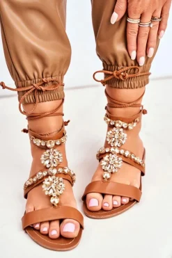 Hot Sandały Damskie Gladiatorki Z Kryształkami Camel Hype Damskie Sandały Płaskie
