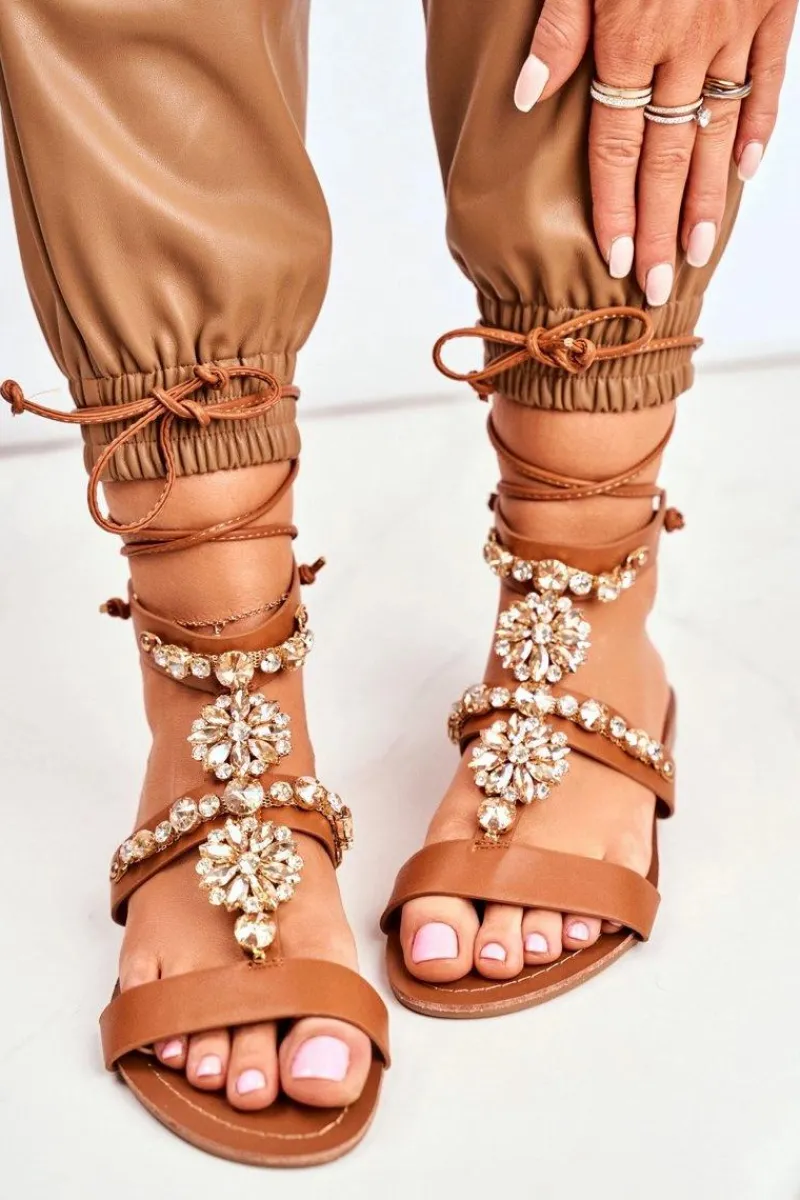 Hot Sandały Damskie Gladiatorki Z Kryształkami Camel Hype Damskie Sandały Płaskie