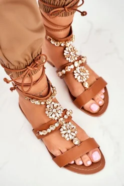 Hot Sandały Damskie Gladiatorki Z Kryształkami Camel Hype Damskie Sandały Płaskie