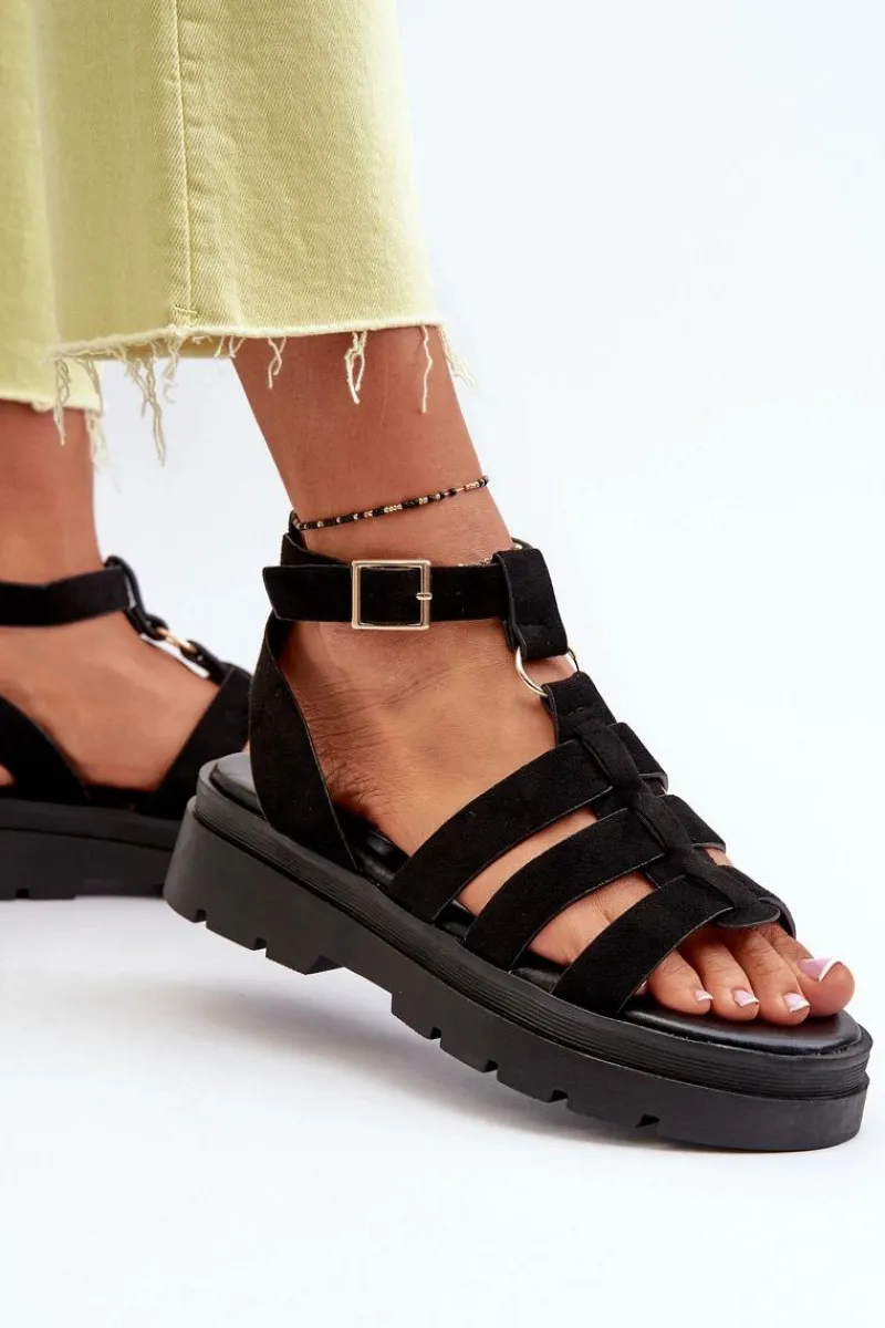 Sandały Płaskie>Boto Sandały Damskie Gladiatorki Z Eko Zamszu Czarne Dorameia