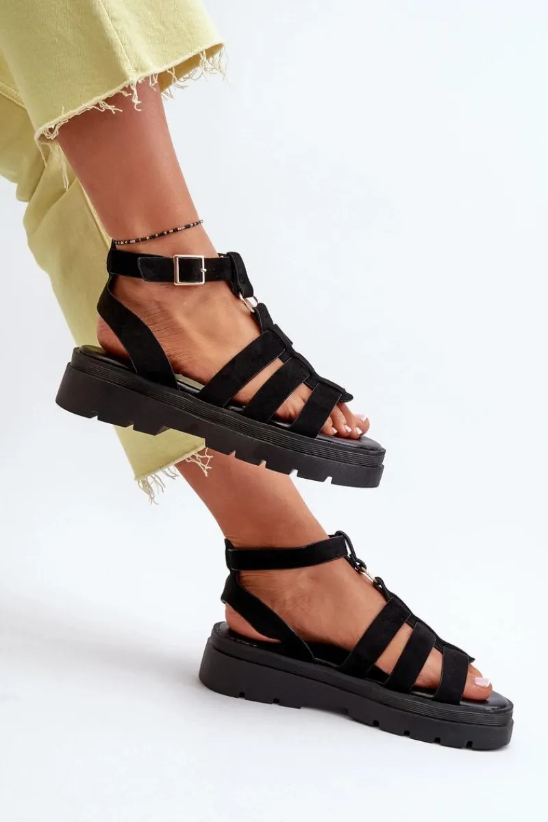 Sandały Płaskie>Boto Sandały Damskie Gladiatorki Z Eko Zamszu Czarne Dorameia