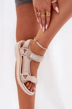 Best Sandały Damskie Materiałowe Na Rzepy LCW-25-34-3560 Beżowe Damskie Sandały Płaskie