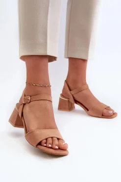 Sandały Na Obcasie>Evento Sandały Damskie Na Klocku Z Eko Zamszu Camel Leisha