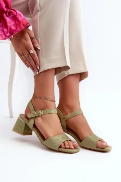 Clearance Sandały Damskie Na Klocku Z Eko Zamszu Zielone Leisha Damskie Sandały Na Obcasie