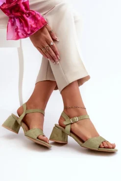 Clearance Sandały Damskie Na Klocku Z Eko Zamszu Zielone Leisha Damskie Sandały Na Obcasie