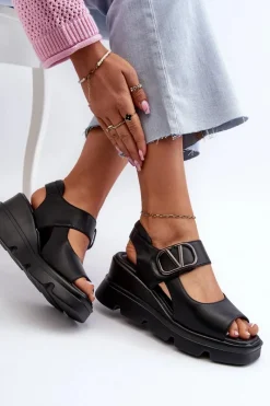 Sale Sandały Damskie Na Koturnie I Platformie Z Eko Skóry Czarne Triaola Damskie Sandały Na Koturnie