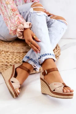 Discount Big Star Shoes Sandały Damskie Na Koturnie Big Star JJ274939 Beżowe