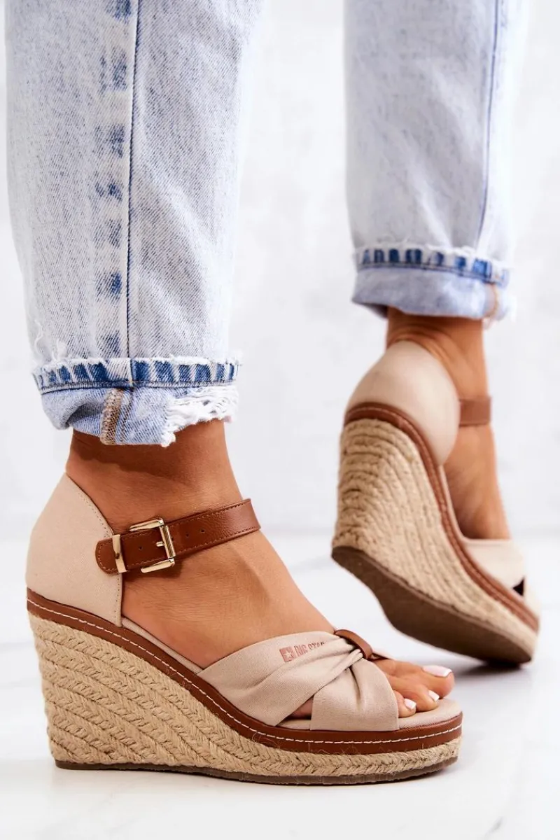 Discount Big Star Shoes Sandały Damskie Na Koturnie Big Star JJ274939 Beżowe