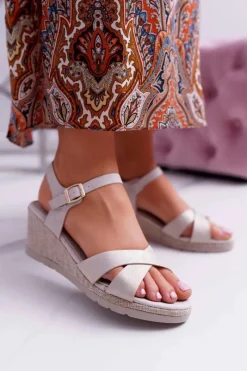 Sandały Na Koturnie>Damskie buty S.Barski Sandały Damskie Na Koturnie Eleganckie Beżowe Midney