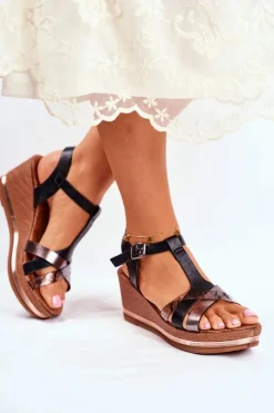 Evento Sandały Damskie Na Koturnie Czarne Skóra Węża Enroll