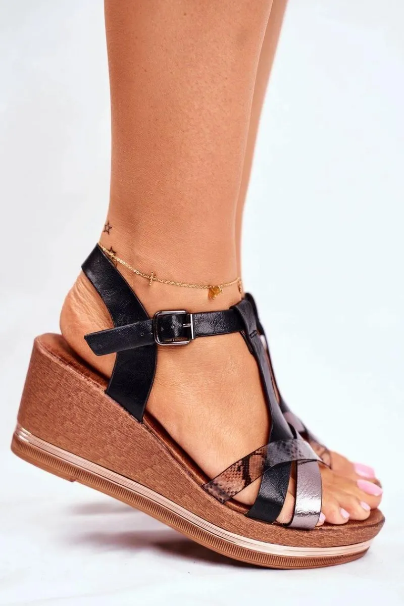 Evento Sandały Damskie Na Koturnie Czarne Skóra Węża Enroll