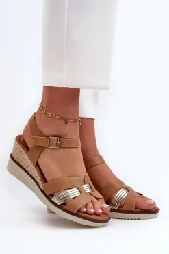 Best Evento Sandały Damskie Na Koturnie Z Plecionką Brązowe Starlenna Brązowy