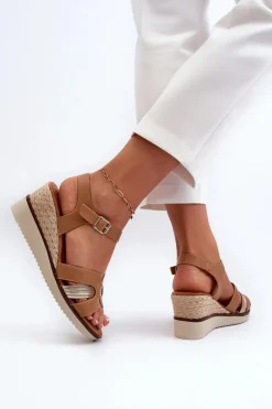 Best Evento Sandały Damskie Na Koturnie Z Plecionką Brązowe Starlenna Brązowy