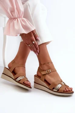 Best Evento Sandały Damskie Na Koturnie Z Plecionką Brązowe Starlenna Brązowy