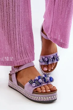 Sandały Na Koturnie>Damskie buty S.Barski Sandały Damskie Na Koturnie I Platformie Z Ozdobami S.Barski HY056 Fioletowe