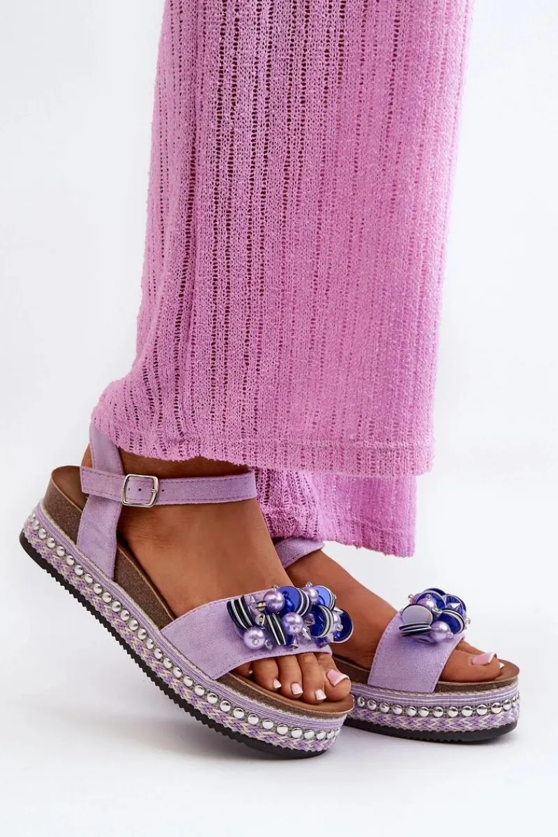 Sandały Na Koturnie>Damskie buty S.Barski Sandały Damskie Na Koturnie I Platformie Z Ozdobami S.Barski HY056 Fioletowe